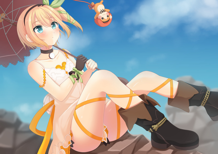 black_footwear black_gloves blue_eyes blue_sky blurry blurry_background blush boots choker cloud day dress edna_(tales) gloves hair_ribbon hairband leg_ribbon over_shoulder ribbon ruka_(yzxx) short_hair sitting sky tales_of_(series) tales_of_zestiria tress_ribbon umbrella white_dress zipper