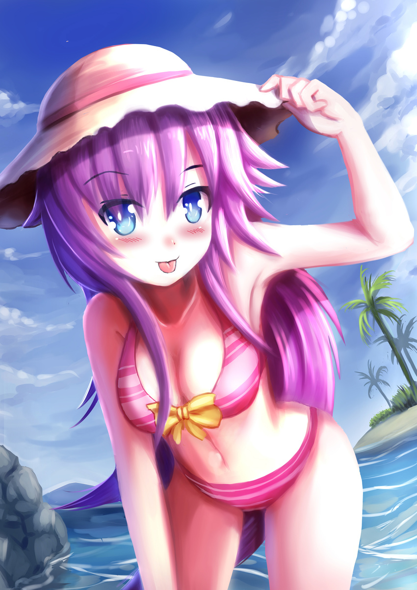 :p absurdres arlly_radithia beach bikini blue_eyes blush breasts cloud day hair_ornament hat highres long_hair looking_at_viewer medium_breasts nepgear neptune_(series) ocean outdoors purple_hair purple_sister sand side-tie_bikini sky solo straw_hat striped striped_bikini swimsuit symbol-shaped_pupils tongue tongue_out water