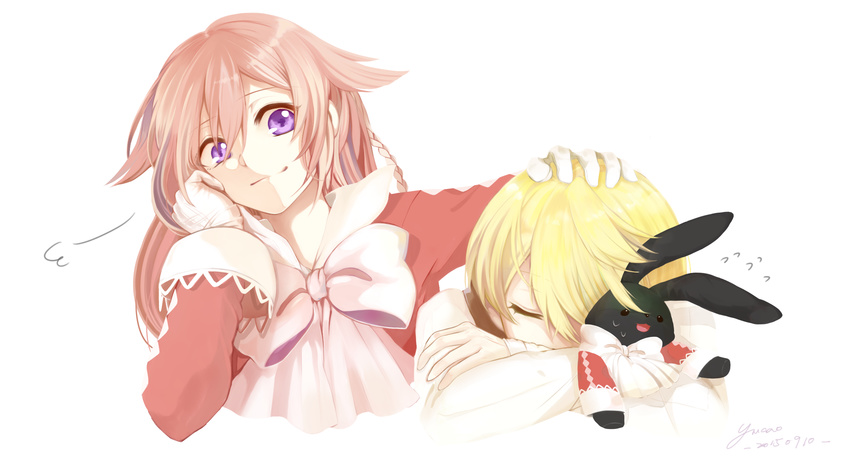 1boy 1girl alice_(pandora_hearts) blonde_hair long_hair oz_vessalius pandora_hearts purple_eyes short_hair stuffed_bunny stuffed_toy