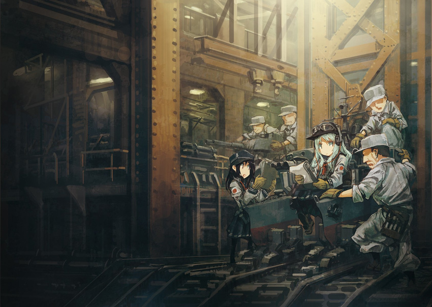 4boys :/ :o akatsuki_(kantai_collection) anchor_symbol arm_up asterisk_kome bangs baseball_cap black_footwear black_hair black_hat black_legwear black_skirt brown_footwear brown_gloves cable cannon clenched_teeth clipboard closed_mouth collared_shirt faceless faceless_male flat_cap gloves goggles goggles_on_headwear grey_hat grey_pants grey_shirt hand_on_own_knee hands_up hat headphones hibiki_(kantai_collection) highres holding japanese_flag kantai_collection ladder light loafers long_hair long_sleeves looking_at_another mechanical multiple_boys multiple_girls neckerchief open_mouth pants pantyhose paper reading red_neckwear repairing school_uniform serafuku shirt shoes sitting skirt sleeves_folded_up squatting standing teeth tool_belt tools turret white_hair