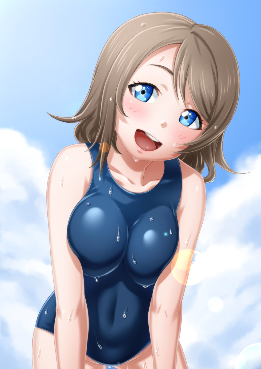 bangs blue_eyes blush breast_squeeze breasts brown_hair collarbone covered_navel day highres impossible_clothes impossible_swimsuit leaning_forward looking_at_viewer love_live! love_live!_sunshine!! medium_breasts one-piece_swimsuit open_mouth outdoors sazanami_tarou short_hair sky smile solo swept_bangs swimsuit watanabe_you wet