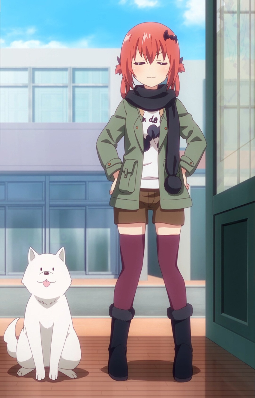:3 :p bangs bat_hair_ornament black_footwear black_scarf blue_sky blush boots brown_shorts building buttons closed_eyes cloud day dog dog_(gabriel_dropout) facing_viewer full_body fur-trimmed_boots fur_trim gabriel_dropout green_jacket hair_between_eyes hair_ornament hair_rings hands_on_hips highres jacket kurumizawa_satanichia_mcdowell light_smile long_sleeves looking_at_viewer medium_hair open_clothes open_jacket outdoors pocket pom_pom_(clothes) print_shirt purple_legwear red_hair road scarf screencap shadow shiny shiny_hair shirt short_shorts shorts side-by-side sidelocks sky smile solo standing street thighhighs tongue tongue_out v-shaped_eyebrows white_shirt window zettai_ryouiki