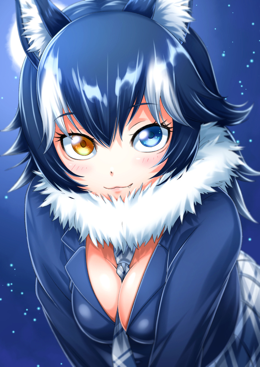 animal_ears between_breasts black_hair blue_eyes blush breasts cleavage fang fang_out full_moon fur_collar grey_wolf_(kemono_friends) heterochromia highres kemono_friends large_breasts long_hair long_sleeves looking_at_viewer moon multicolored_hair necktie necktie_between_breasts sazanami_tarou skirt solo two-tone_hair wolf_ears yellow_eyes