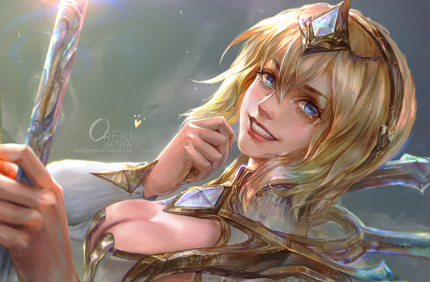 artist_name blonde_hair blue_eyes breasts cleavage diadem elementalist_lux eyelashes foreshortening large_breasts league_of_legends looking_at_viewer luxanna_crownguard magic oreki_genya realistic smile solo staff teeth