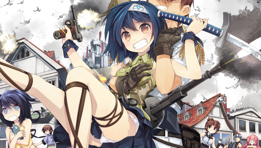 blue_hair breast_grab brown_eyes chihaya_(x-overd) cityscape clenched_teeth firing gloves grabbing gun handgun highres katana multiple_girls nanaroku_(fortress76) official_art panties pistol protagonist_(x-overd) short_hair sword tears teeth underwear weapon x-overd