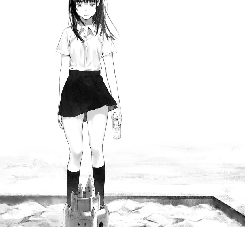 bangs blouse can cider_to_suna_no_shiro closed_mouth commentary_request floating_hair greyscale highres holding holding_can kneehighs long_hair looking_down monochrome original ouchi_kaeru outdoors pleated_skirt sand_castle sand_sculpture sandbox school_uniform short_sleeves skirt solo standing thighs uniform white_blouse yobanashi_(kamonatsu)