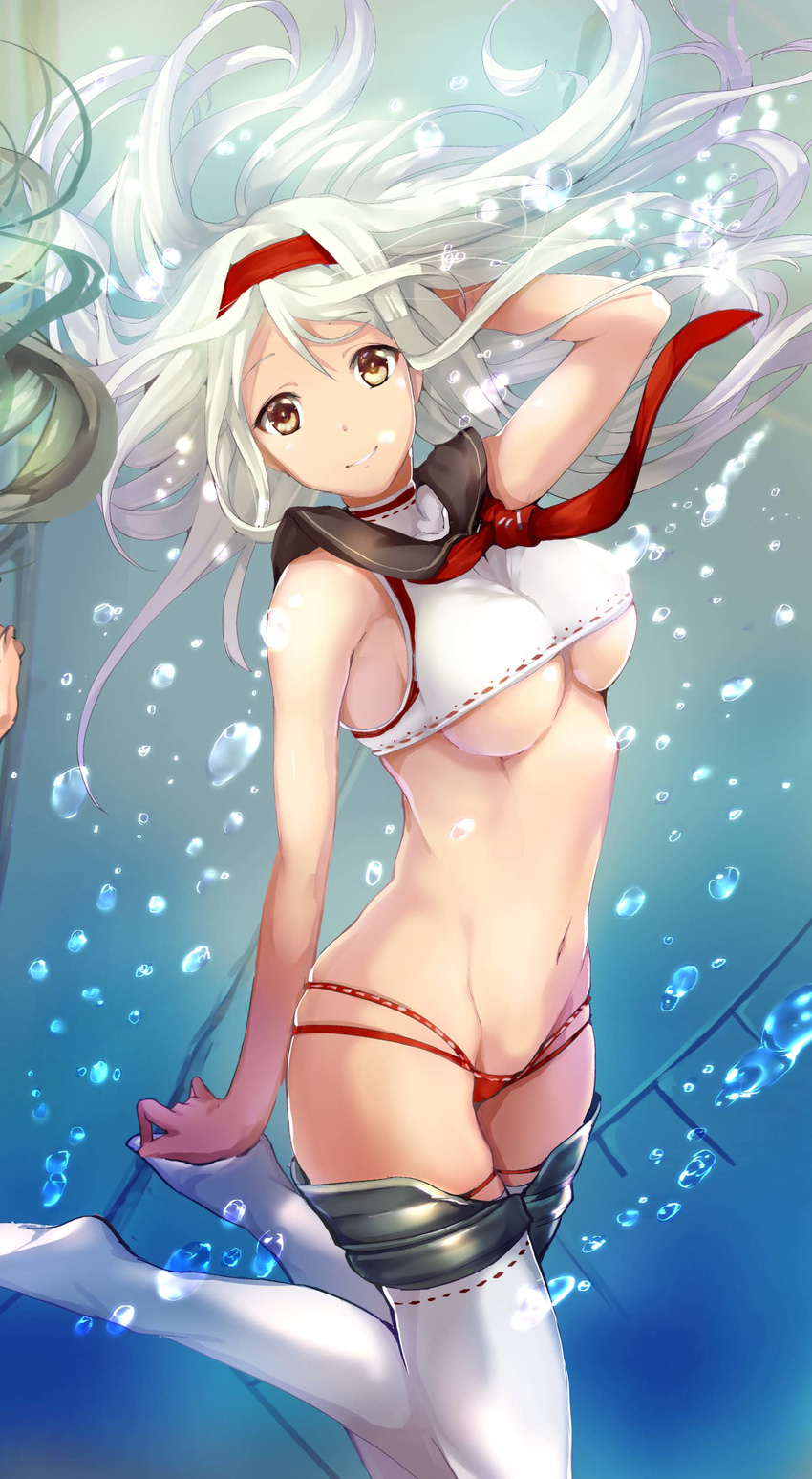 absurdres air_bubble arm_at_side arm_up bikini bikini_bottom breasts brown_eyes bubble closed_mouth collarbone commentary_request crop_top dutch_angle floating_hair full_body grin hairband hand_in_hair headband highres holding_breath kantai_collection kneehighs kneeling large_breasts long_hair looking_at_viewer midriff mismatched_bikini multi-strapped_bikini navel necktie parted_lips pool pose red_bikini_bottom red_neckwear satou_daiji shirt shoukaku_(kantai_collection) skindentation sleeveless sleeveless_shirt smile solo stomach submerged swimsuit teeth thigh_strap thighhighs underboob underwater very_long_hair water white_bikini_top white_hair white_legwear white_shirt