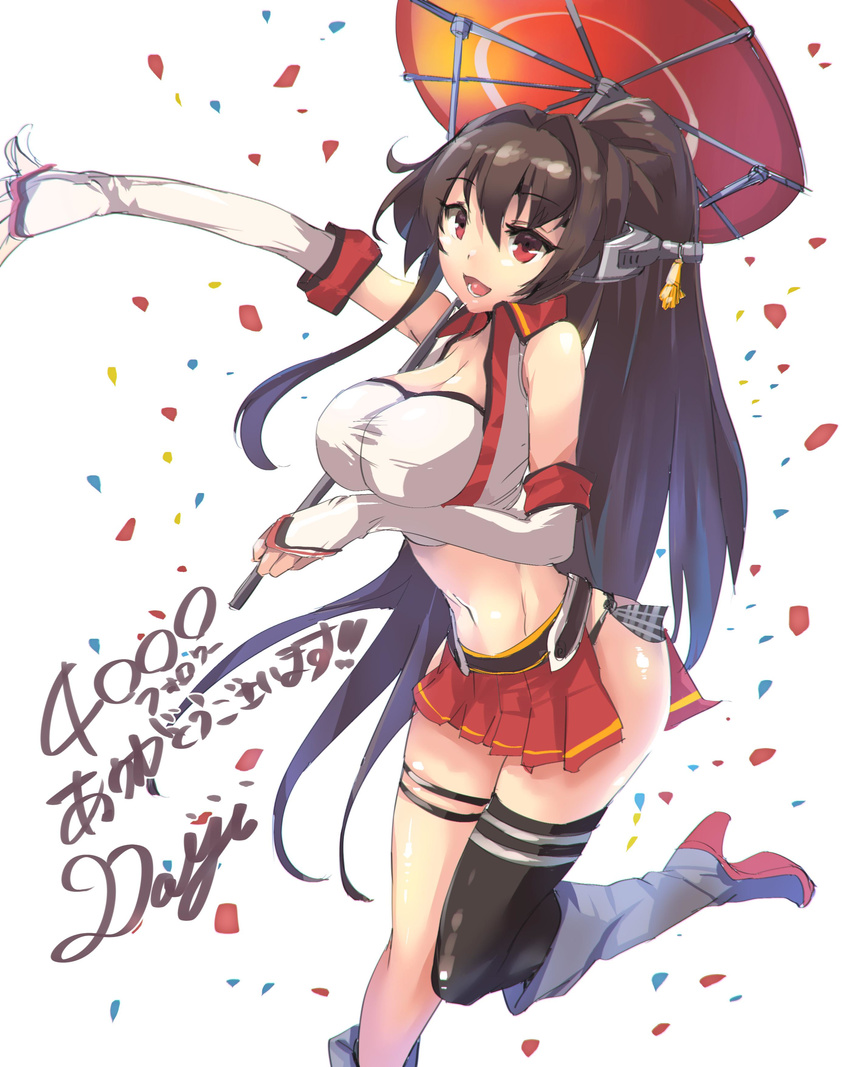 absurdres adapted_costume alternate_costume black_legwear breasts brown_hair commentary_request confetti elbow_gloves gloves headgear highres kantai_collection large_breasts long_hair midriff navel outstretched_arm ponytail race_queen red_eyes red_umbrella satou_daiji side_slit single_thighhigh skirt solo thighhighs twitter_username umbrella very_long_hair yamato_(kantai_collection)