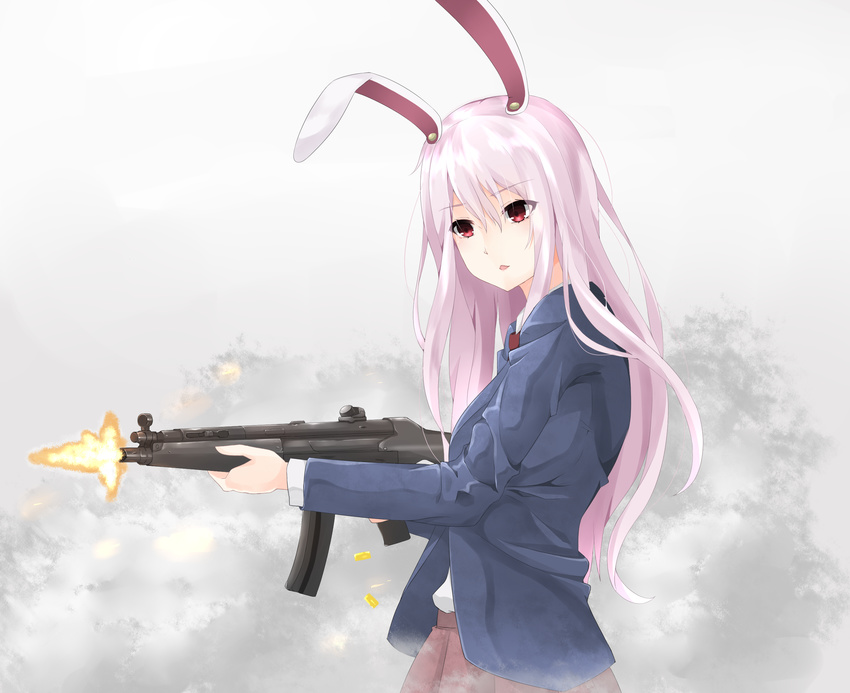 animal_ears blazer brown_skirt bunny_ears commentary_request firing fog gun h&amp;k_mp5 hair_between_eyes heckler_&amp;_koch highres holding holding_gun holding_weapon jacket long_hair long_sleeves looking_away parted_lips red_eyes reisen_udongein_inaba rifle shell_casing skirt solo submachine_gun surota touhou upper_body weapon