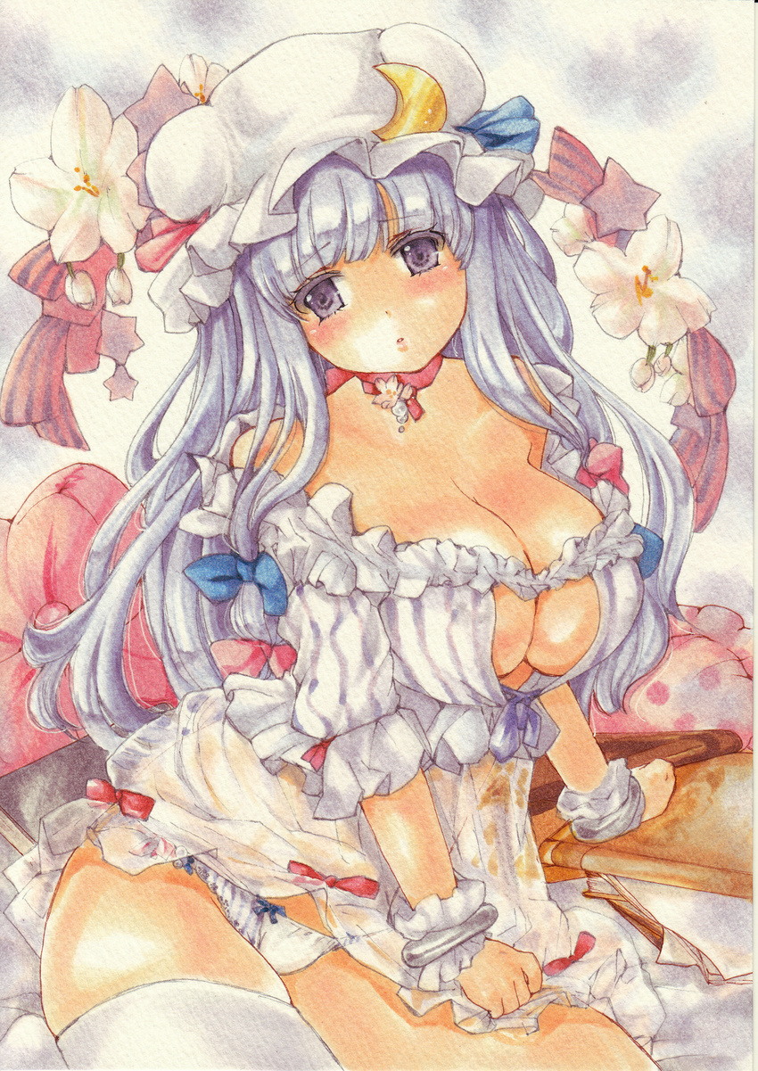 absurdres bangs bare_shoulders blue_bow blunt_bangs blush bow breasts choker cleavage cleavage_cutout commentary_request crescent floral_background hair_bow hat highres large_breasts long_hair looking_at_viewer marker_(medium) mob_cap off_shoulder panties parted_lips patchouli_knowledge purple_eyes purple_hair purple_panties red_bow shirt short_sleeves sitting solo striped striped_shirt thighhighs touhou traditional_media underwear vertical-striped_shirt vertical_stripes very_long_hair white_legwear wrist_cuffs yurun