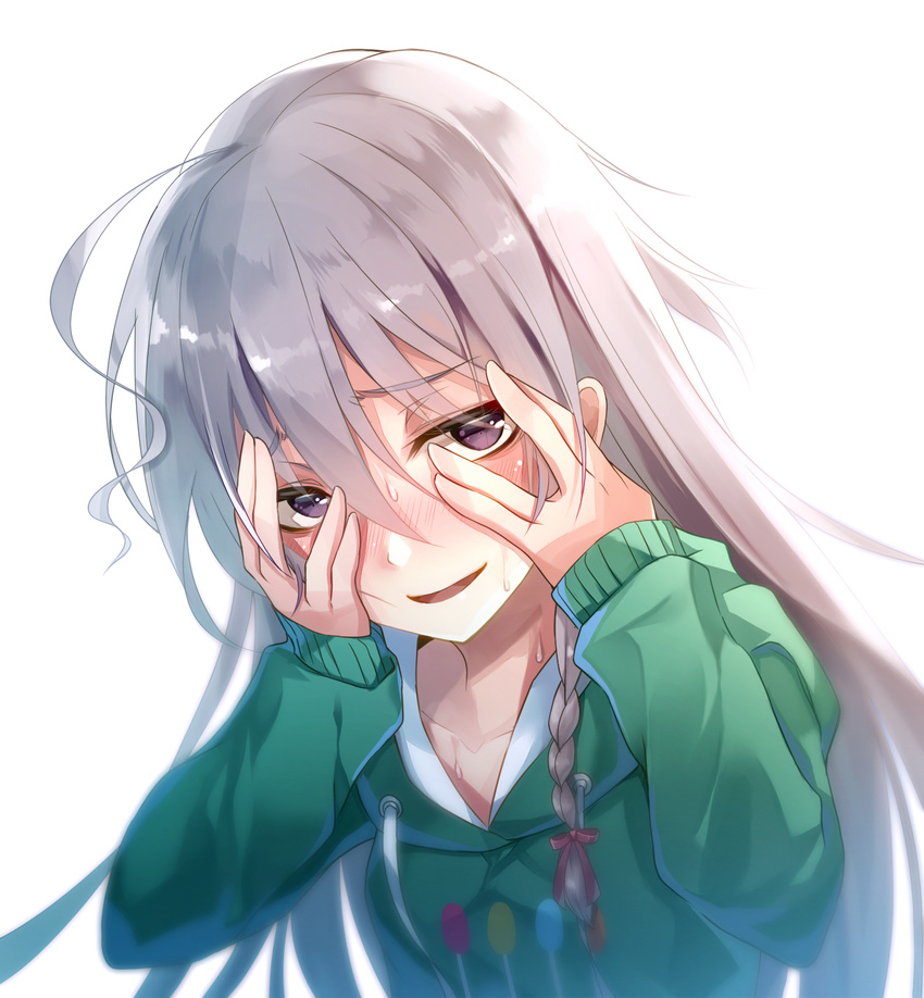 ahoge blush braid commentary_request covering_face highres hoshi_shouko idolmaster idolmaster_cinderella_girls ishihara_(kuniyoshi) long_hair nervous_smile open_mouth purple_eyes silver_hair single_braid smile solo white_background