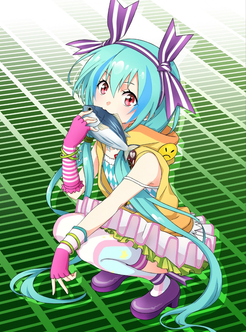 :3 aqua_hair artist_name badge band_yarouze! bracelet broken_heart button_badge catgirl0926 fingerless_gloves fish frilled_skirt frills full_body gloves hair_tie hairband highres hood hood_down jewelry long_hair male_focus mint_(band_yarouze!) mismatched_gloves otoko_no_ko pink_gloves red_eyes skirt solo squatting thighhighs twintails zettai_ryouiki