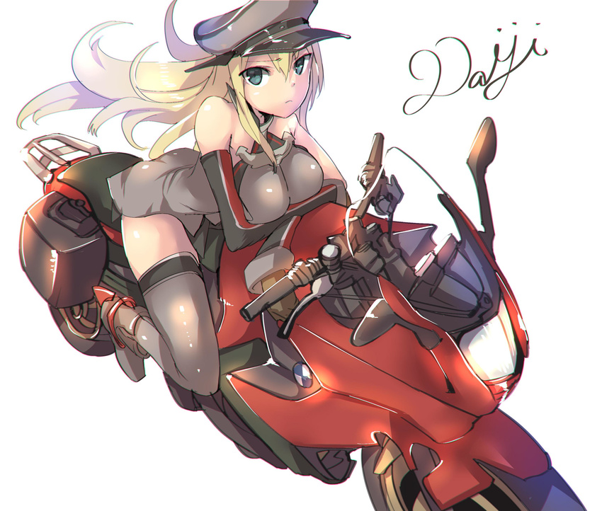 absurdres bare_shoulders bismarck_(kantai_collection) blonde_hair breasts commentary_request crossed_arms dress elbow_gloves furrowed_eyebrows gloves ground_vehicle hat highres kantai_collection large_breasts leaning_forward long_hair looking_at_viewer motor_vehicle motorcycle peaked_cap riding satou_daiji short_dress solo thighhighs zettai_ryouiki