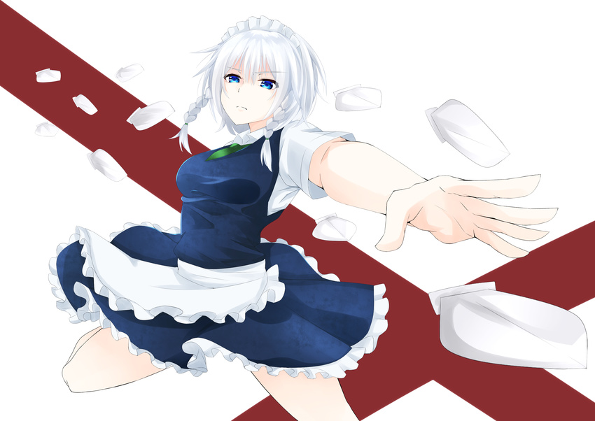 &gt;:( absurdres apron ascot bangs blue_dress blue_eyes braid breasts closed_mouth commentary_request dress foreshortening frilled_dress frills frown highres incoming_attack izayoi_sakuya knife leg_up looking_at_viewer maid maid_headdress medium_breasts serious short_hair short_sleeves silver_hair solo surota touhou twin_braids v-shaped_eyebrows waist_apron