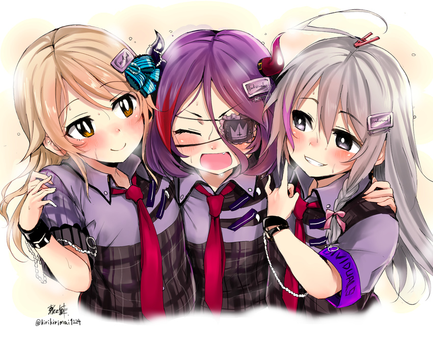 :d ^_^ ahoge artist_name bangs blonde_hair blush brown_eyes brown_hair closed_eyes closed_mouth commentary_request eyebrows_visible_through_hair eyepatch fang grey_eyes grey_hair grin hair_between_eyes hand_up hands_on_another's_shoulders hayasaka_mirei highres horns hoshi_shouko idolmaster idolmaster_cinderella_girls idolmaster_cinderella_girls_starlight_stage index_finger_raised individuals kirikirimai_(kkm) long_hair looking_at_another morikubo_nono multicolored_hair multiple_girls necktie open_mouth purple_hair red_hair short_sleeves signature smile sweat teeth twitter_username two-tone_hair upper_body wavy_mouth wristband