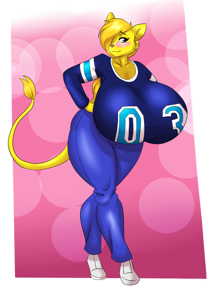 2019 absurd_res anthro big_breasts blonde_hair blue_eyes blush breasts clothed clothing digital_media_(artwork) felid female footwear fur hair hi_res huge_breasts hyper hyper_breasts jeans kristy_winters_(lildredre) lion mammal marauder6272 pantherine pants shirt shoes simple_background smile solo standing thick_thighs voluptuous