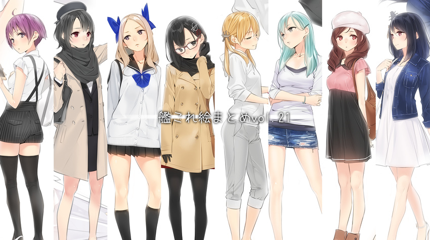 :o \||/ ahoge alternate_costume ama_mitsuki ankle_boots aqua_hair arm_behind_back arm_up arms_at_sides arms_behind_back arms_up asakaze_(kantai_collection) asymmetrical_bangs bag bangle bangs bare_legs beige_coat beret black_dress black_gloves black_hair black_hat black_legwear black_scarf black_shorts black_skirt blazer blue_bow blue_neckwear blunt_bangs blush boots bow bracelet breast_suppress breasts brown-framed_eyewear brown_eyes brown_footwear brown_hair buttons capri_pants cardigan casual cellphone closed_eyes closed_mouth coat collage collarbone collared_dress collared_shirt commentary_request contemporary contrapposto crossed_arms denim denim_jacket denim_skirt drawstring dress dress_shirt eyes_visible_through_hair forehead formal from_behind from_side glasses gloves grey_eyes grey_jacket grey_pants haguro_(kantai_collection) hair_between_eyes hair_bow hair_ornament hair_over_shoulder hairclip handbag harukaze_(kantai_collection) hat high_heel_boots high_heels holding holding_cellphone holding_phone holding_strap hood iphone jacket jewelry kantai_collection kneehighs layered_clothing legs_apart legs_together light_brown_hair lips long_hair long_sleeves looking_at_viewer looking_away looking_back medium_breasts miniskirt multiple_girls necktie open_clothes open_coat open_mouth pants pantyhose parted_bangs parted_lips pencil_skirt phone pink_dress pinstripe_pattern pleated_skirt pocket prinz_eugen_(kantai_collection) purple_hair red_eyes sailor_collar sakawa_(kantai_collection) scarf school_bag school_uniform serafuku shirt shoes short_shorts short_sleeves shorts shoulder_bag shy simple_background skirt skirt_set skirt_suit sleeves_folded_up sleeves_past_wrists sleeves_pushed_up small_breasts smartphone smile standing stiletto_heels strappy_heels striped striped_dress suit sundress suzuya_(kantai_collection) swept_bangs takao_(kantai_collection) text_focus thighhighs torn_clothes torn_skirt track_suit translated trench_coat twintails unbuttoned v_arms walking white_background white_dress white_footwear white_shirt wing_collar wrist_grab yamashiro_(kantai_collection) yellow_coat zoom_layer
