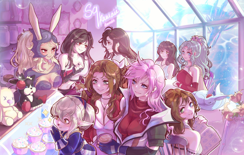 6+girls aerith_gainsborough animal_ears armor bare_shoulders black_bra black_gloves black_hair blonde_hair blue_cardigan blue_eyes bra braid braided_ponytail breasts brown_hair cait_sith_(final_fantasy) cape carbuncle_(final_fantasy) cardigan choker cleavage crop_top crown cup dark-skinned_female dark_skin detached_sleeves dress elbow_gloves final_fantasy final_fantasy_ix final_fantasy_vi final_fantasy_vii final_fantasy_viii final_fantasy_x final_fantasy_xi final_fantasy_xii final_fantasy_xiii fingerless_gloves flower flower_choker fraeyjart fran_(ff12) garnet_til_alexandros_xvii gloves green_eyes green_hair grey_hair hair_between_eyes hair_ribbon helmet heterochromia highres holding holding_cup jacket japanese_clothes jewelry large_breasts lightning_farron lily_(flower) medium_breasts medium_hair midriff mini_crown moogle multiple_girls navel necklace nontraditional_miko parted_bangs parted_lips pauldrons pink_dress pink_hair pink_ribbon pointy_ears ponytail rabbit_ears rabbit_girl reading red_dress red_eyes red_jacket red_sweater ribbon ring ring_necklace rinoa_heartilly shantotto shirt short_hair shoulder_armor sidelocks single_braid single_pauldron smile sparkle sports_bra strapless strapless_dress stuffed_animal stuffed_toy suspenders sweater tarutaru terra_branford tifa_lockhart tube_dress underwear viera wavy_hair white_shirt x_x yellow_cape yellow_flower yuna_(ff10)
