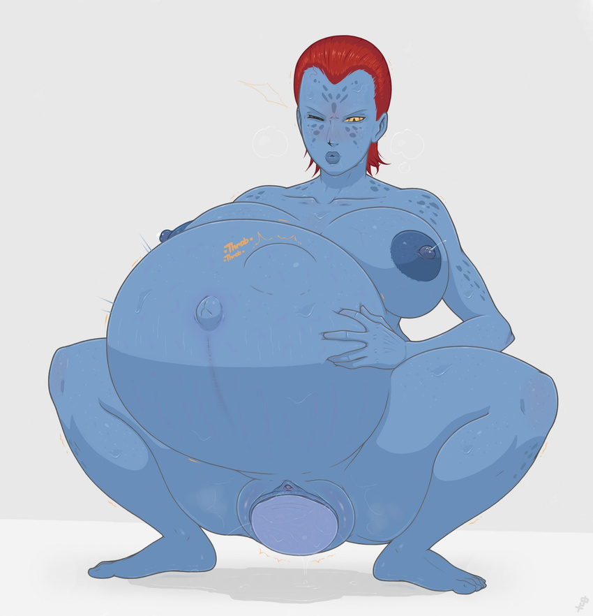 belly big_belly blue_skin female fugasvbashnyu hair hand_on_stomach humanoid lactating marvel mystique navel not_furry oviposition pussy red_hair solo x-men