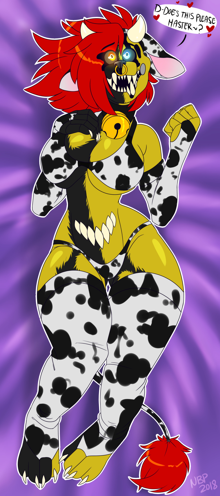 2018 animal_bikini animal_print animatronic anthro bear bell big_breasts bikini biohazard(nbp) black_nose breasts choker clothed clothing cow_bikini cow_print dialogue digital_media_(artwork) english_text facial_piercing fangs female five_nights_at_freddy's five_nights_at_freddy's_4 fur gloves glowing glowing_eyes hair hi_res horn huge_breasts legwear looking_at_viewer machine mammal multi_mouth multicolored_fur nightmarebearpuff nose_piercing nose_ring open_mouth piercing red_hair robot sharp_teeth signature simple_background smile solo stomach_mouth swimsuit teeth text thick_thighs two_tone_fur video_games voluptuous wide_hips