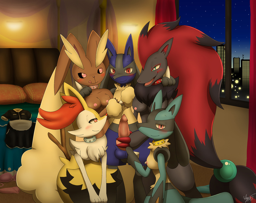 3_fingers animal_genitalia animal_penis anthro anthro_on_anthro balls bed black_fur blue_eyes blue_fur blush bra braixen breasts brown_fur building canine_penis clothing collar erection fangs female fivesome fur group group_sex hair handjob holding_balls hug inside looking_at_viewer lopunny lucario maid_uniform male male/female multicolored_fur nintendo nipples nude open_mouth penis pink_eyes pok&eacute;mon red_eyes red_hair sex star tan_fur tongue tongue_out underwear uniform video_games white_fur winick-lim yellow_fur zoroark