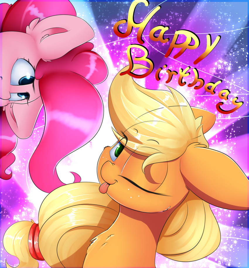 applejack_(mlp) blonde_hair blue_eyes duo earth_pony english_text equine female friendship_is_magic green_eyes hair horse madacon mammal my_little_pony one_eye_closed pink_hair pinkie_pie_(mlp) pony smile text tongue tongue_out wink