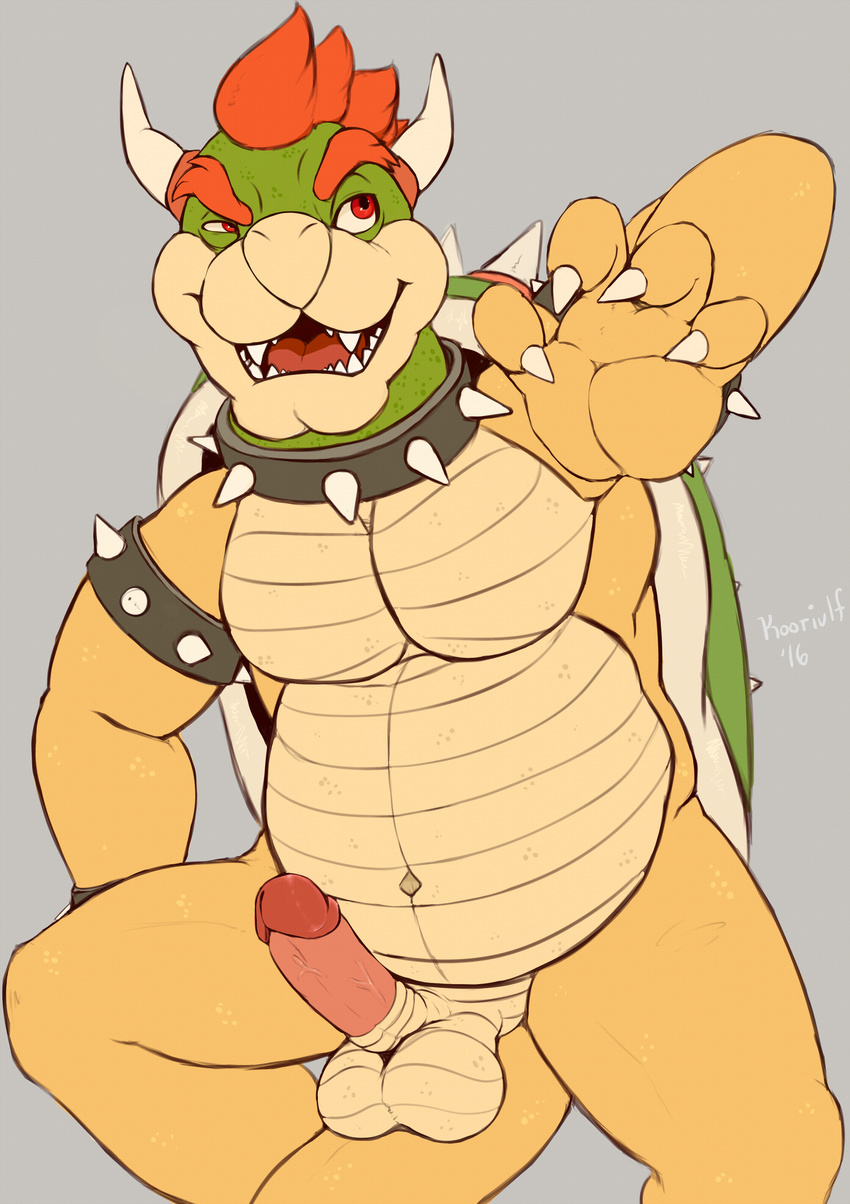 2016 anthro armpits balls belly bowser erection koopa koorivlf male mario_bros muscular nintendo open_mouth penis scalie simple_background smile solo video_games