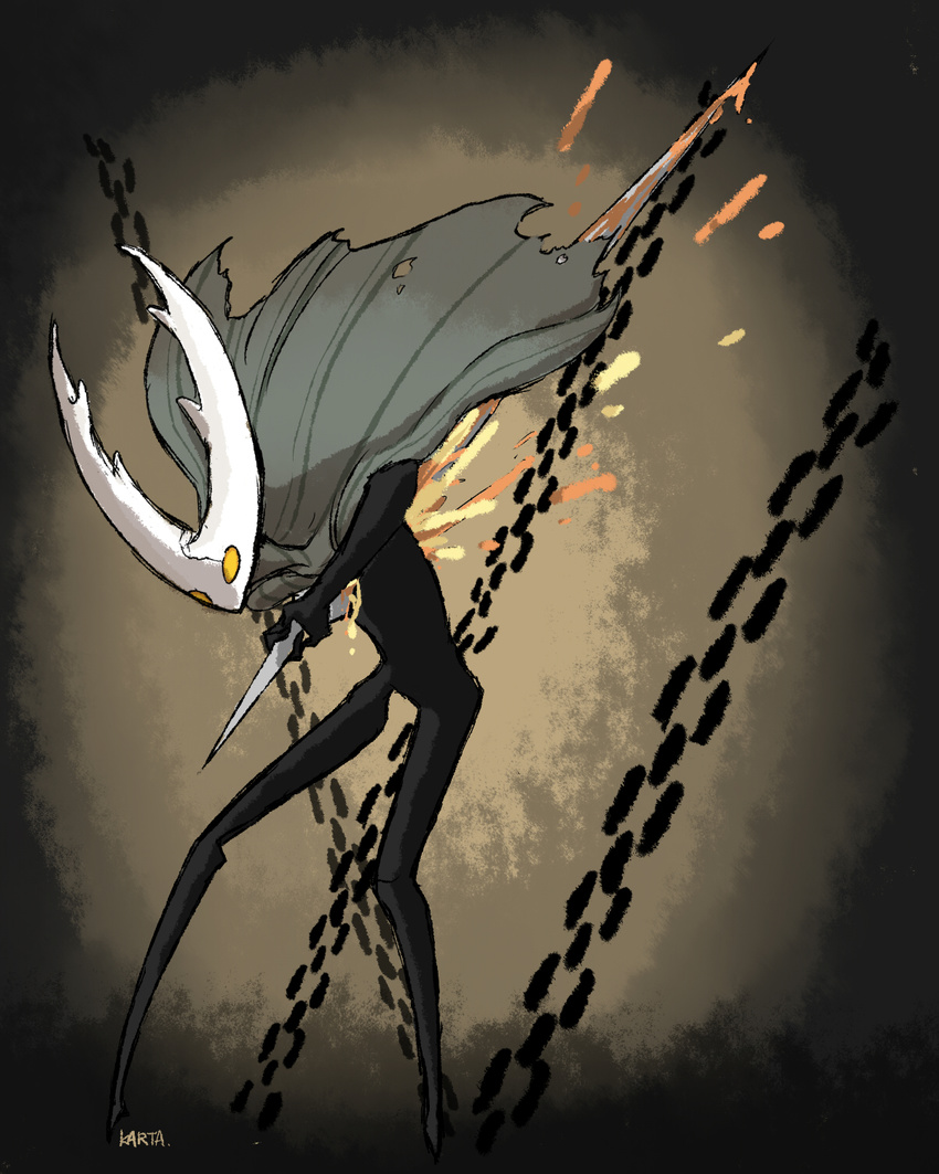 ambiguous_gender ambiguous_species black_body blood cape chain clothing cracks final_boss_(hollow_knight) hollow_knight horn karta. melee_weapon orange_blood seppuku skinny weapon white_body yellow_eyes