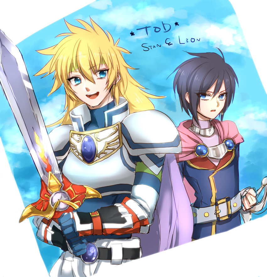 2boys armor belt black_hair blonde_hair blue_eyes cape earrings gloves headband leon_magnus long_hair multiple_boys open_mouth pants short_hair shoulder_pads stahn_aileron tales_of_(series) tales_of_destiny weapon