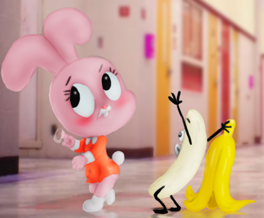 4_fingers anais_watterson banana banana_joe blush cartoon_network clothing dress flashing food fruit fur lagomorph looking_away mammal mousetache peel pink_fur rabbit sibling sister the_amazing_world_of_gumball young