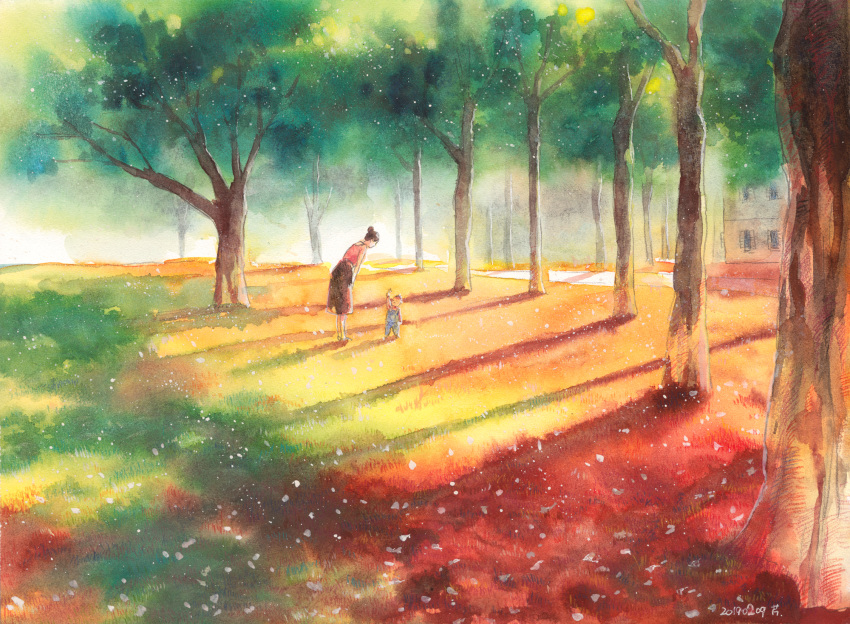 1boy 1girl brown_hair commentary dated eye_contact hair_bun hands_together highres leaf leaning_forward looking_at_another looking_down mother_and_son original park path real_world_location road scenery selina shadow short_hair signature skirt toddler traditional_media tree watercolor_(medium)