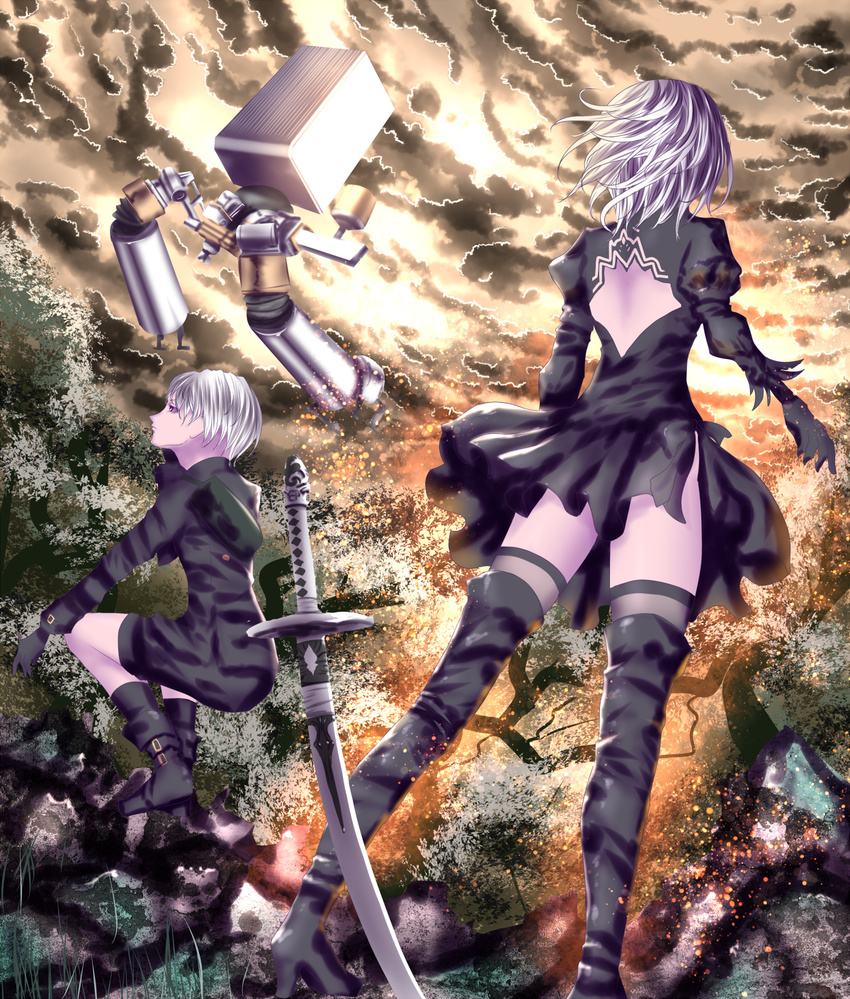 2girl arm black_dress black_gloves black_legwear blindfold boots clouds cloudy_sky dress from_behind full_body gloves gradient_hair katana knee_boots kneeling long_sleeves looking_away mini_skirt multiple_girls nier_(series) nier_automata outdoors outstretched purple_eyes purple_hair robot short_hair standing sun_light sword thighhighs yorha_no._2_type_b yorha_no._9_type_s yusuke_(shiota)