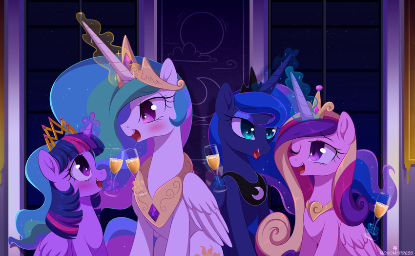2017 alcohol beverage blue_eyes blue_feathers blue_hair blush cutie_mark equine eye_contact eyelashes feathered_wings feathers female feral friendship_is_magic glass glowing group hair horn inside long_hair magic mammal momomistress multicolored_hair my_little_pony one_eye_closed open_mouth pink_feathers princess_cadance_(mlp) princess_celestia_(mlp) princess_luna_(mlp) purple_eyes purple_feathers sibling sisters twilight_sparkle_(mlp) white_feathers winged_unicorn wings