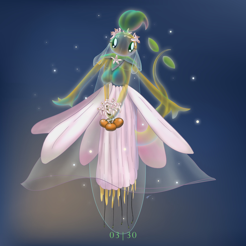 2017 4_arms anthro bouquet breasts bride clothing digital_media_(artwork) dress female flower food fruit ghost ghost_tail humanoid looking_at_viewer mindy_(screwroot) multi_arm multi_limb not_furry ornament petal_dress pinup plant pose simple_background solo spirit text veil wedding_dress znhc