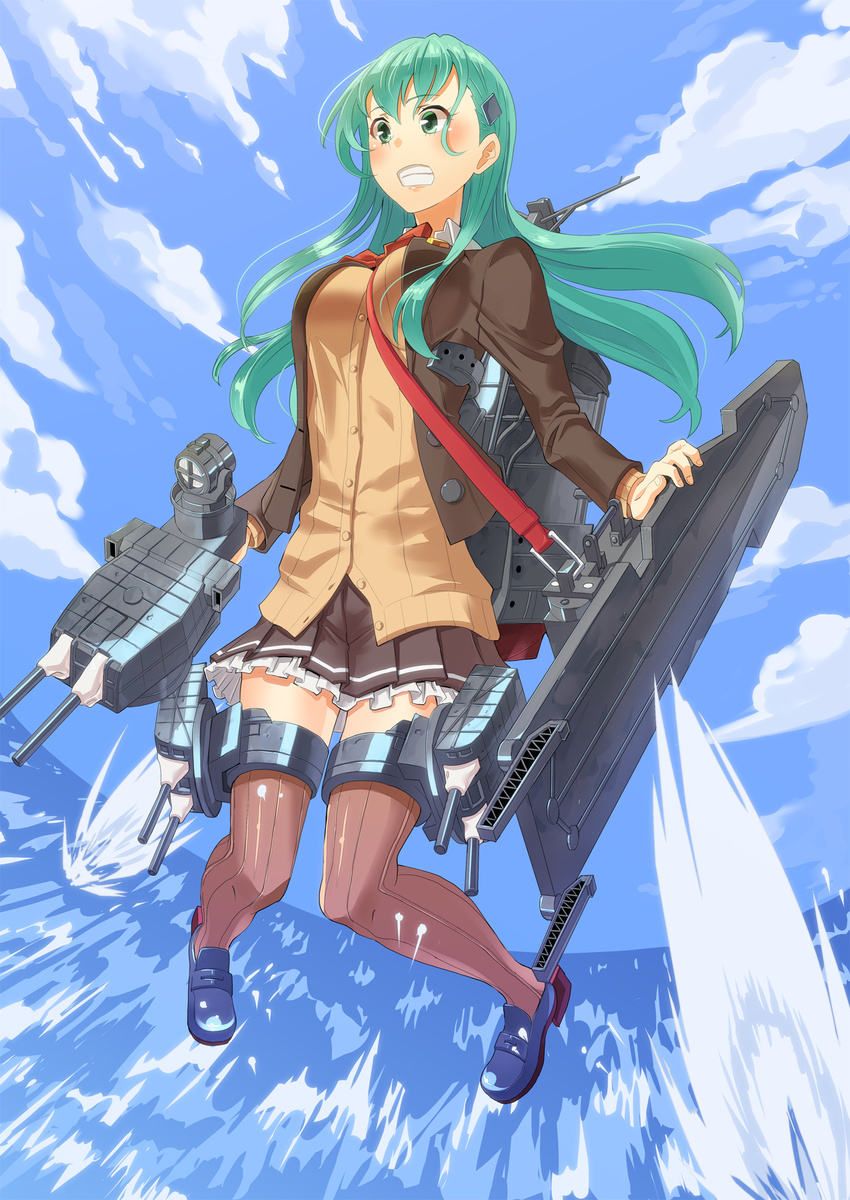 aqua_eyes aqua_hair brown_legwear cannon cardigan cloud day flight_deck fujimo_ruru highres kantai_collection long_hair machinery remodel_(kantai_collection) school_uniform solo suzuya_(kantai_collection) teeth turret water