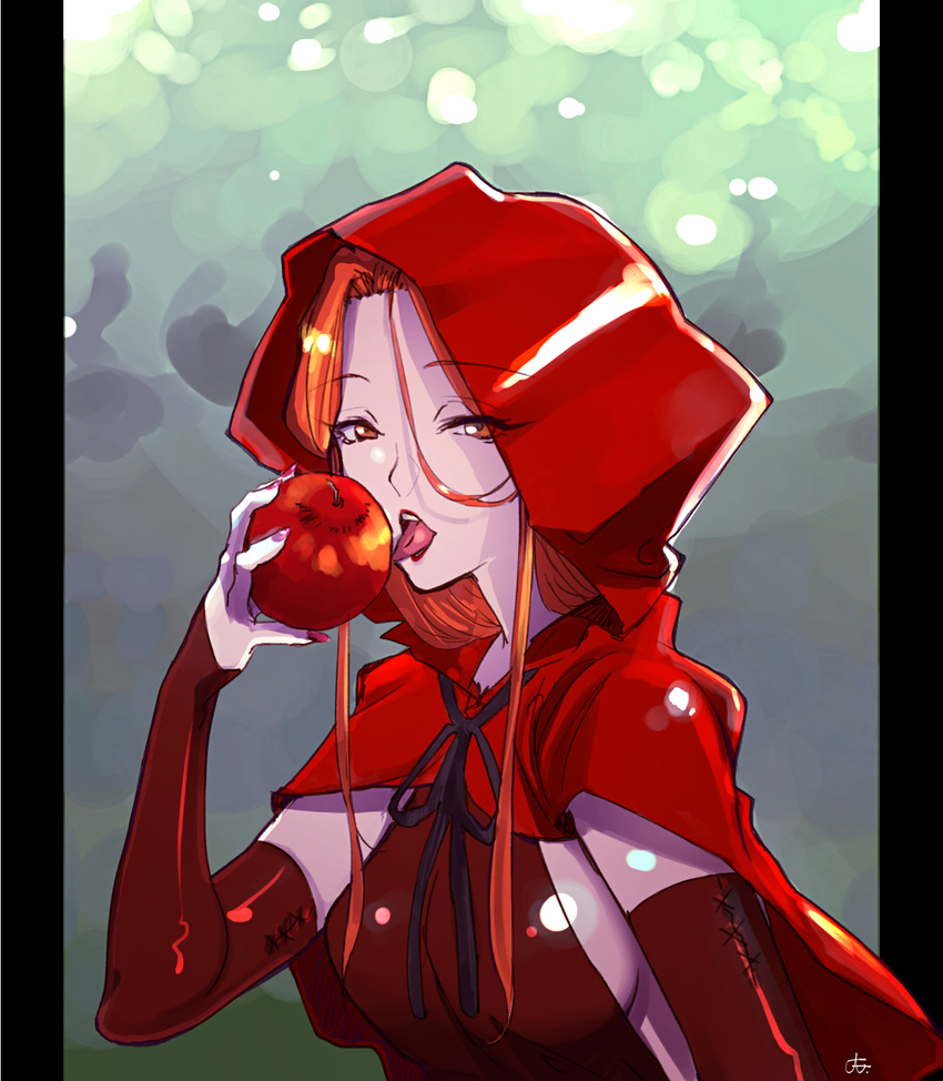 apple breasts bridal_gauntlets cloak food fruit highres idolmaster idolmaster_cinderella_girls little_red_riding_hood long_hair looking_at_viewer medium_breasts open_mouth red_eyes red_hair sideboob solo tongue tongue_out upper_body watanukin_(etson122127) zaizen_tokiko