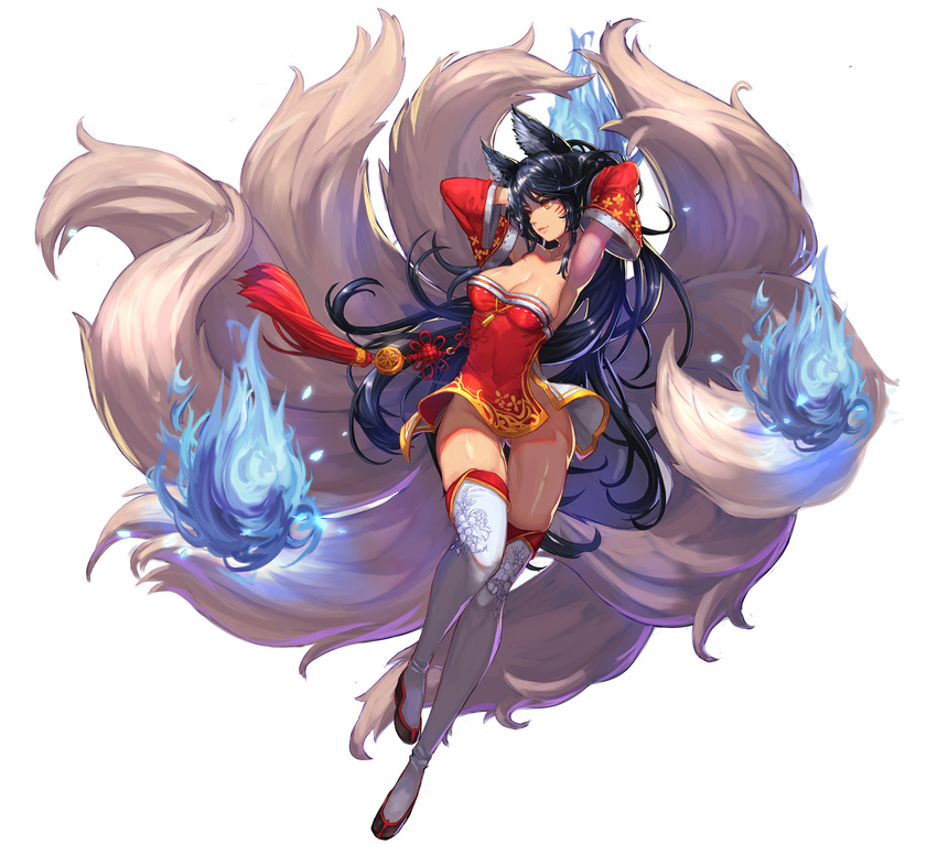 ahri animal_ears cleavage dress kitsune league_of_legends qbspdl tail thighhighs