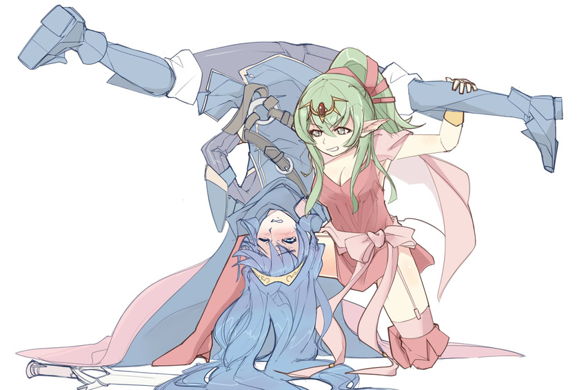 blue_eyes blue_footwear blue_hair blush boots cape chiki closed_eyes commentary dress fire_emblem fire_emblem:_kakusei fire_emblem:_monshou_no_nazo gloves green_eyes green_hair jaegan jewelry kinniku_buster long_hair lucina mamkute multiple_girls pink_dress pointy_ears ponytail red_footwear simple_background smile spread_legs submission_hold thigh_boots thighhighs tiara wrestling