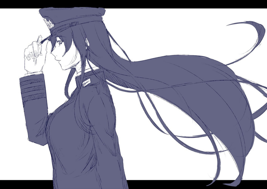 adjusting_clothes adjusting_hat commentary_request female_admiral_(kantai_collection) floating_hair from_side gloves greyscale hand_on_headwear hat kantai_collection long_hair looking_at_viewer military military_hat military_uniform monochrome niwatazumi parted_lips peaked_cap sidelocks sketch solo tatebayashi_sakurako uniform upper_body white_background