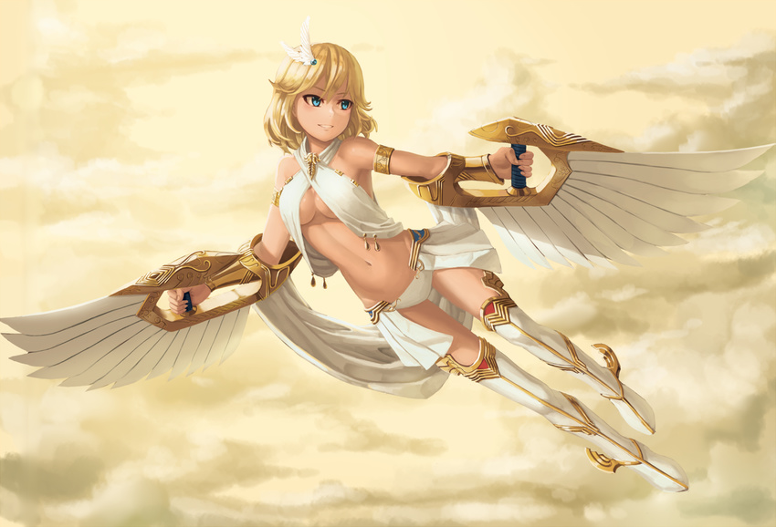 armlet artificial_wings bangs bare_shoulders blonde_hair blue_eyes boots breasts cloud cloudy_sky commentary_request criss-cross_halter day flying full_body gold grin groin hair_between_eyes halterneck holding long_hair looking_away looking_to_the_side medium_breasts navel original outdoors outstretched_arm panties ranma_(kamenrideroz) shiny shiny_skin showgirl_skirt skirt sky smile solo stomach thigh_boots thighhighs underwear white_footwear white_panties white_skirt white_wings wing_hair_ornament wings