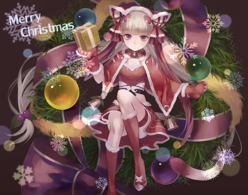 alternate_costume bangs breasts capelet closed_mouth commentary_request double_bun eyebrows_visible_through_hair fur-trimmed_legwear fur_trim gift grey_hair haku_(p&amp;d) holding holding_gift knee_up kneehighs long_hair looking_at_viewer merry_christmas miniskirt mittens purple_eyes puzzle_&amp;_dragons red_legwear red_skirt santa_costume silver_hair skirt small_breasts snowflakes solo zek_(zecola)