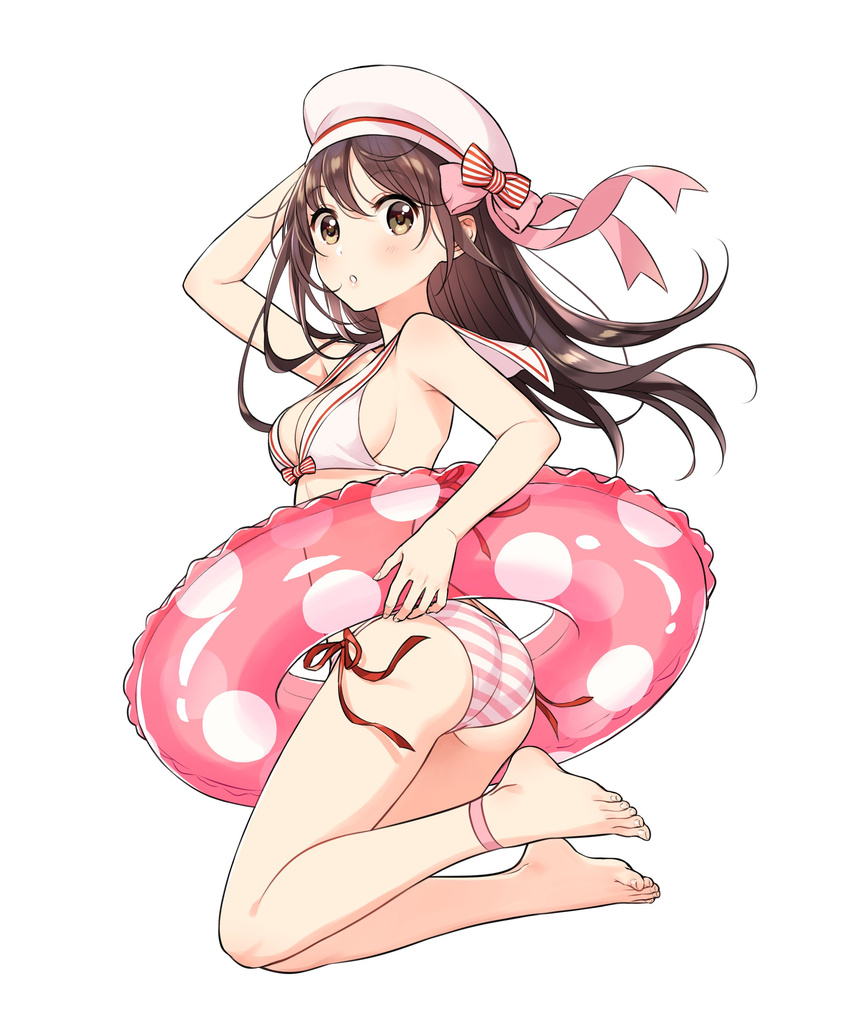 :o absurdres ankle ankle_strap anklet arm_behind_head ass bangs bare_shoulders barefoot bikini blush bow breasts brown_eyes collarbone eyebrows_visible_through_hair fingernails front-tie_bikini front-tie_top full_body hair_bow hand_up hat hat_bow highres innertube jewelry long_hair looking_at_viewer medium_breasts morikura_en open_mouth original red_ribbon ribbon sailor_bikini sailor_collar sailor_hat side-tie_bikini simple_background solo striped striped_bikini_bottom striped_bow swimsuit toenails toes white_background white_hat