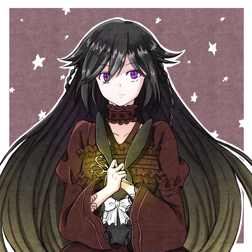 1girl alice_(pandora_hearts) black_hair dress long_hair pandora_hearts purple_eyes scissors stuffed_bunny stuffed_toy