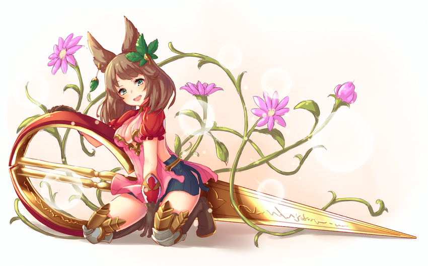 animal_ears backless_outfit boots breasts brown_hair cleavage erune flower granblue_fantasy hair_ornament la_coiffe_(granblue_fantasy) leaf_hair_ornament medium_breasts pensuke scissors smile thigh_boots thighhighs