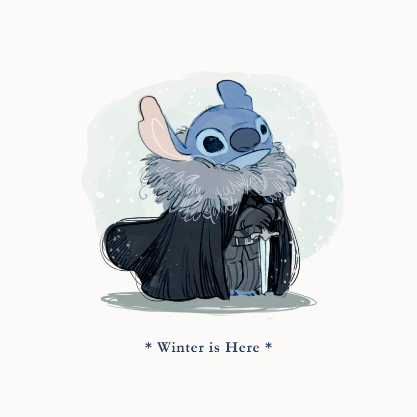 2017 a_song_of_ice_and_fire alien barefoot black_gloves blue_eyes blue_fur blue_nose clothed clothing crossover disney english_text experiment_(species) fur game_of_thrones gloves head_tuft hi_res jon_snow lilo_and_stitch melee_weapon notched_ear parody simona_bonafini solo stitch sword text tuft weapon