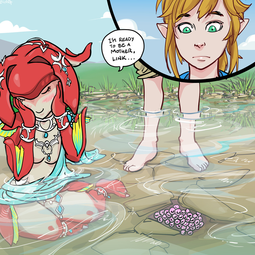 anthro barefoot bishopbb blush breasts breath_of_the_wild clothed clothing duo egg female fin green_eyes hands_on_face human jewelry link male mammal marine mipha nintendo outside raised_eyebrows small_breasts smile the_legend_of_zelda video_games zora