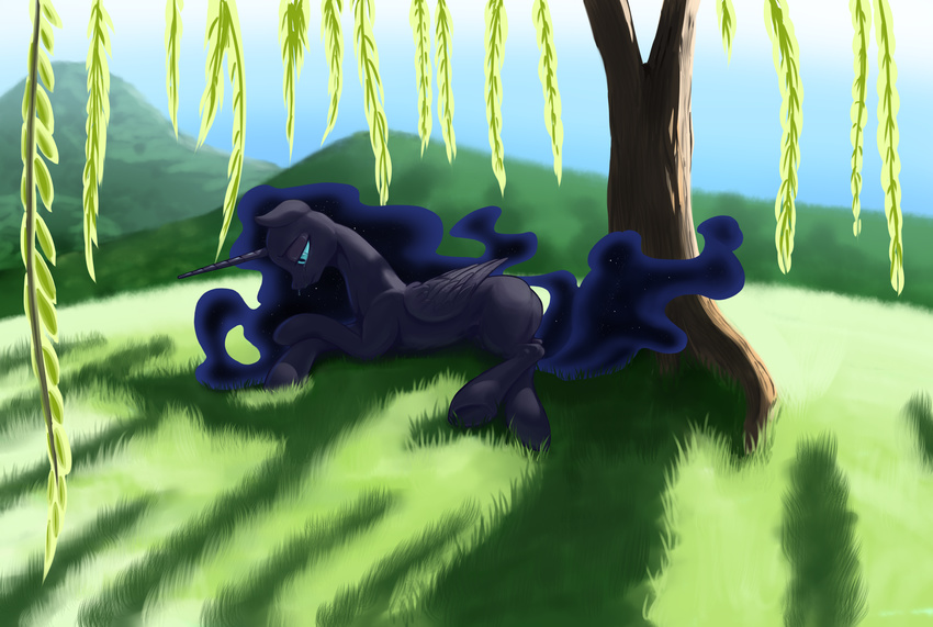 black_feathers black_fur blue_eyes cosmic_hair day detailed_background equine feathers female feral friendship_is_magic fur grass hooves horn lying mammal my_little_pony nadnerbd nightmare_moon_(mlp) outside snaked tree winged_unicorn wings