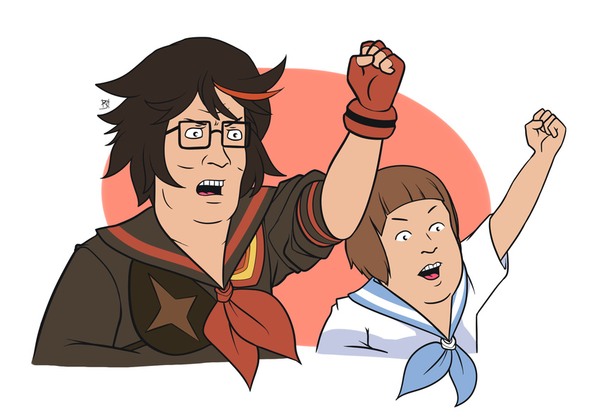 bobby_hill brown_hair clenched_hand cosplay crossover glasses gloves hank_hill highres kill_la_kill king_of_the_hill male_focus mankanshoku_mako mankanshoku_mako_(cosplay) matoi_ryuuko matoi_ryuuko_(cosplay) multicolored_hair multiple_boys raised_fist school_uniform senketsu serafuku single_glove two-tone_hair ultrahurtman upper_body