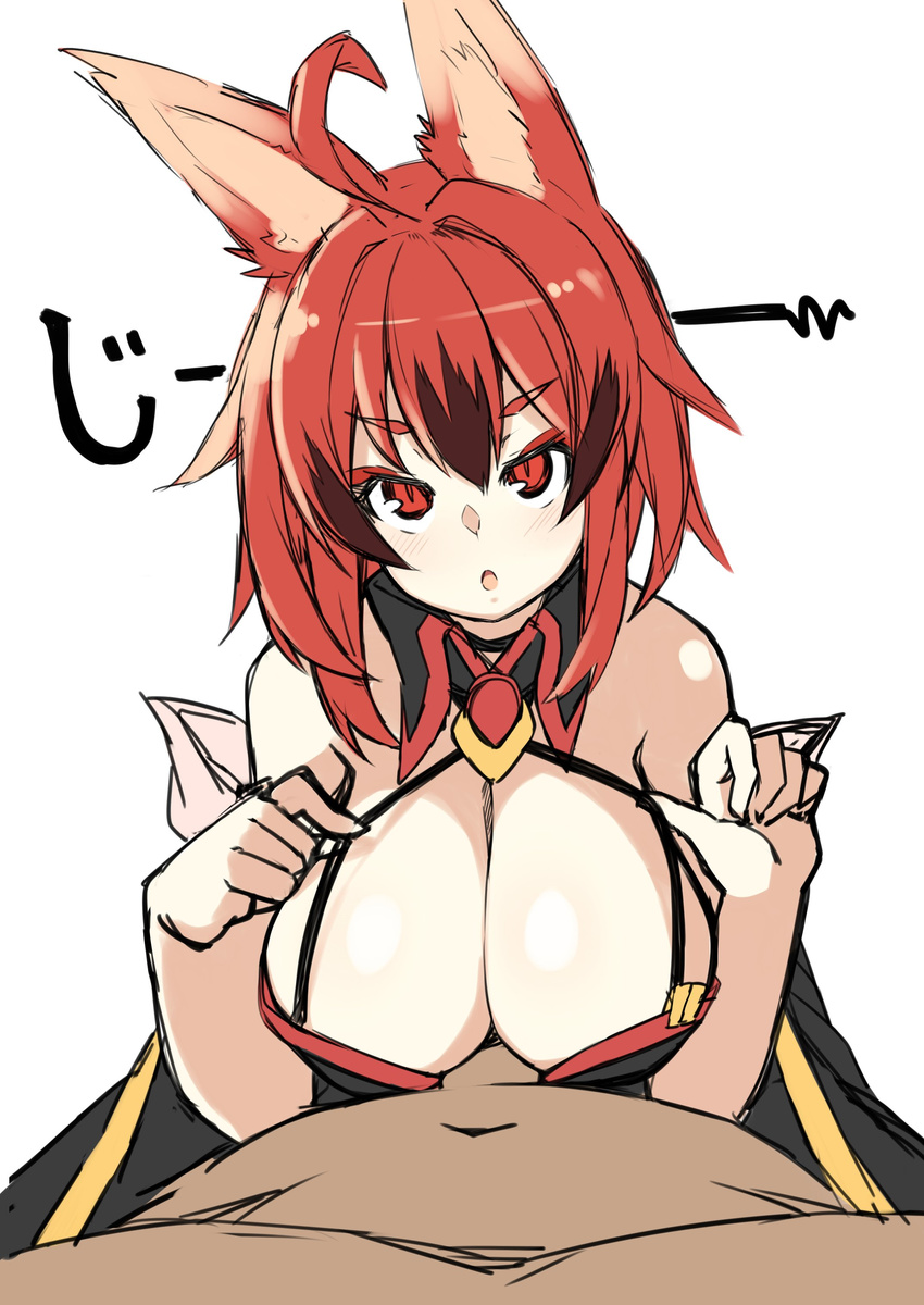 1girl absurdres ahoge animal_ears bare_shoulders blush breasts character_request fox_ears gene_(gear_gene) hetero highres large_breasts looking_at_viewer navel open_mouth paizuri penis red_eyes red_hair short_hair simple_background strap_pull white_background wide_sleeves