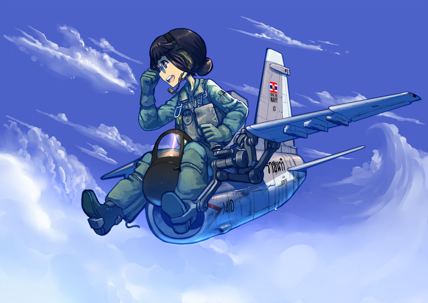 a-7_corsair_ii aircraft airplane aviator_sunglasses black_hair brown_eyes cloud commentary controller day erica_(naze1940) fighter_jet flying gloves hair_bun hand_on_own_forehead hand_up headset highres jet joystick looking_down looking_to_the_side military military_uniform military_vehicle open_mouth original pen pilot pilot_suit profile royal_thai_navy short_hair sitting sky smile solo sunglasses thai thai_flag thailand uniform